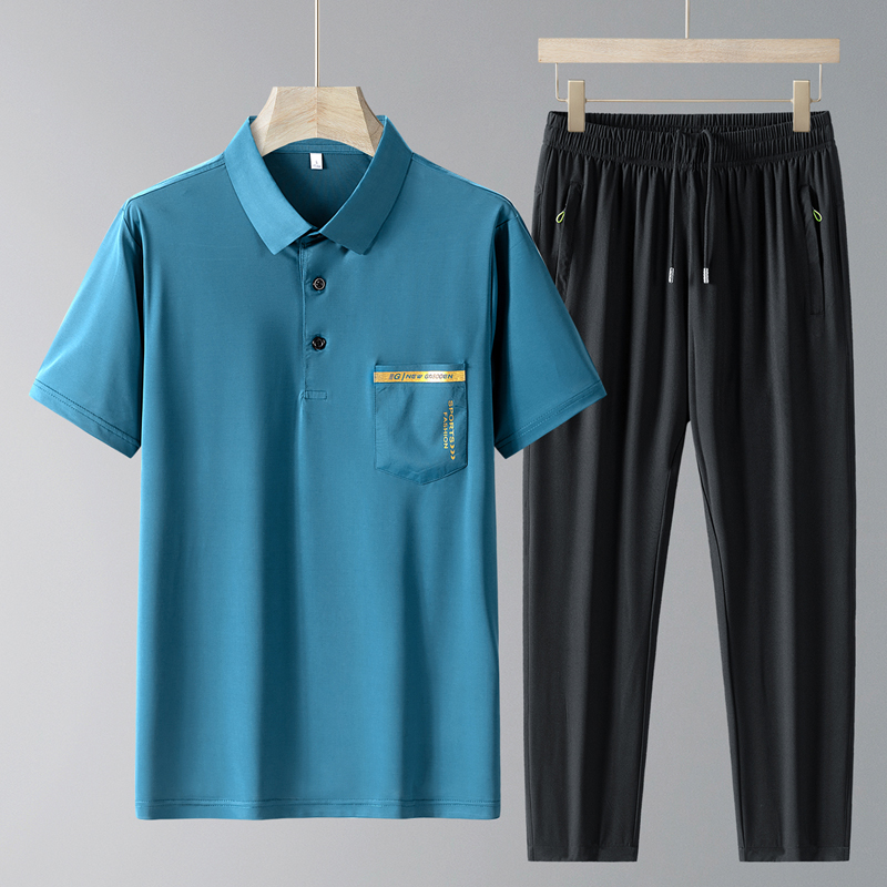 Mens Formal - メンズポロTシャツ＆パンツスーツ カジュアルビジネスTシャツスーツ 中高年向け アイスシルク速乾半袖お父さんコーデ
