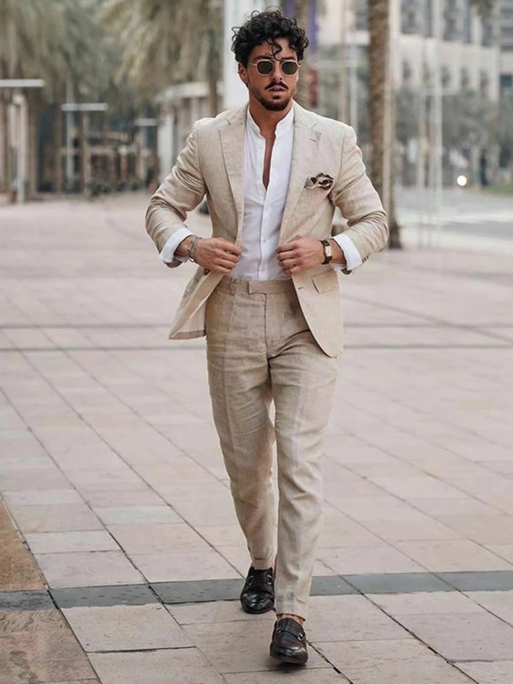 Men Linen Formal Wear - 夏のビーチビジネスリネンメンズスーツ、オーダーメイド2ピースジャケットとパンツ、フォーマルタキシードブレザートラウザーズ、パーティーウェア、男性用衣類
