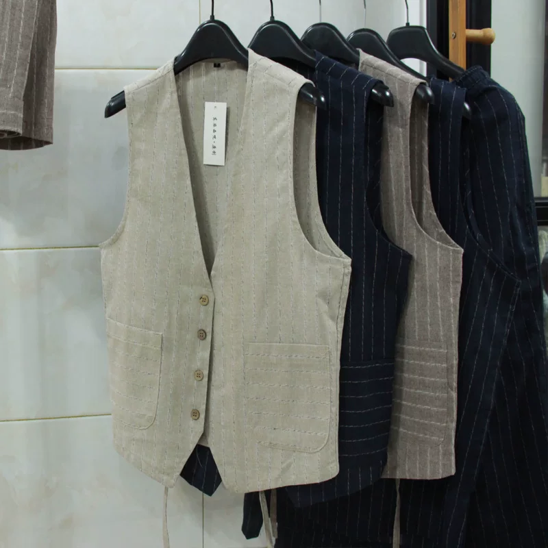 Men Linen Formal Wear - 英国風カジュアルリネンベスト メンズ スリムフィット ビジネススーツ キャミソール プロフェッショナルベスト