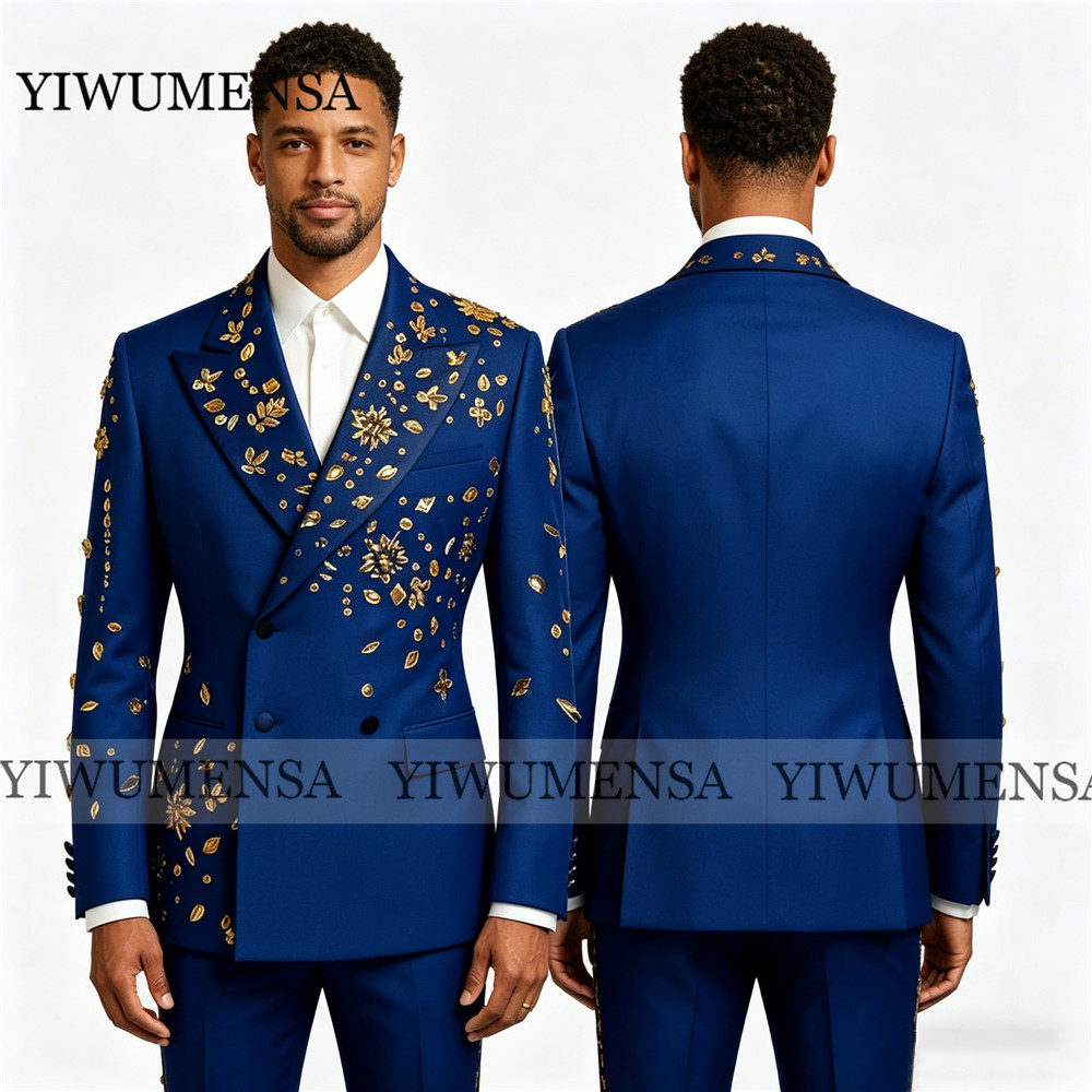 Men'S Formal Wear Jewelry - 鮮やかなロイヤルブルーのスーツ メンズフォーマルウェア ジュエリーストーン装飾 プロムブレザー パンツ ツーピースセット
