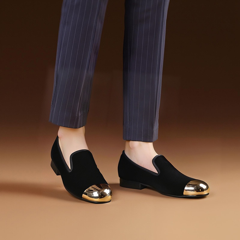 Men'S Formal Party Wear Shoes - Piergitar クラシックモデルブラックベルベットスリッポンスリッパシューズゴールドメタルつま先パーティーフォーマルウェア手作りメンズローファー