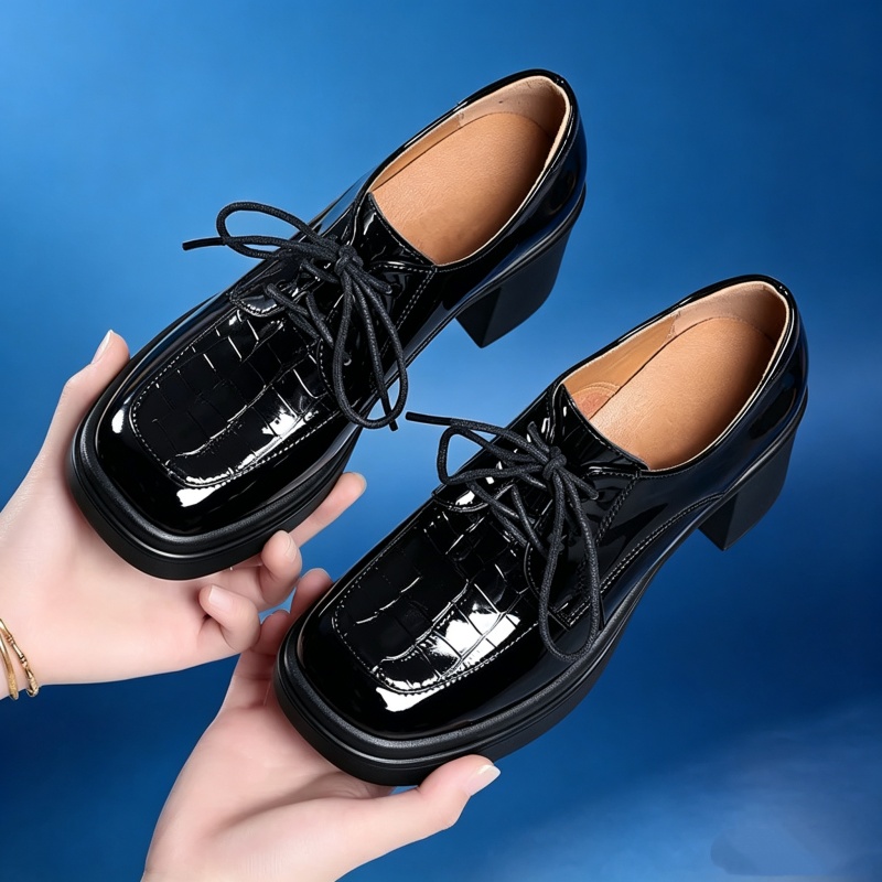 Patent Leather Oxford - 6.5cm エレガントで快適な深口ブライトレザーオックスフォードシューズ レディース 2026年春 メッドブロックヒールシューズ オフィス用プラットフォーム