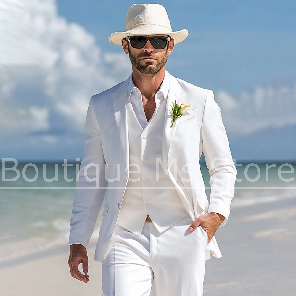 Men Linen Formal Wear - メンズ ホワイト リネン スーツ 3 ピース