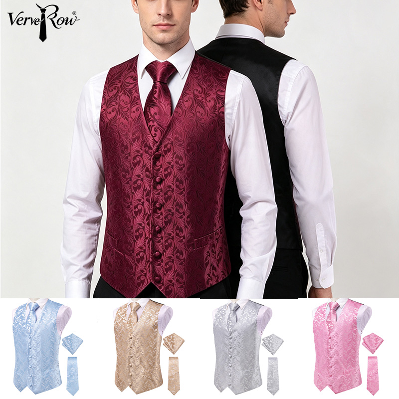 Men'S Formal Wear Ties - VerveRow メンズ バーガンディ 花柄ジャカード スーツベスト 3点セット