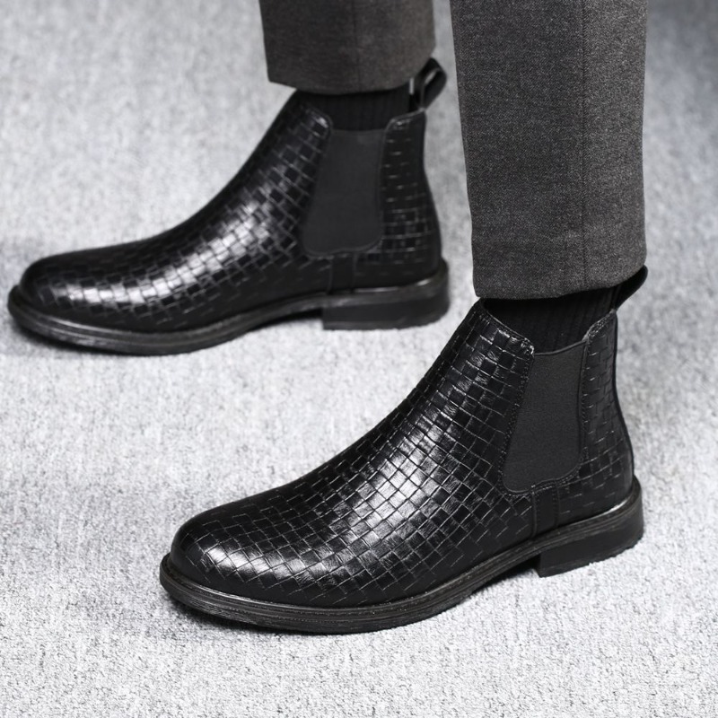 Men'S Formal Style - メンズ、織り柄のチェルシーブーツ、PU素材、伸縮性、スリップオンタイプ、ミドル丈、スクエアトゥ、ブロックヒール、ビジネス、フォーマル、ドレスブーツ、EUサイズ38-48。