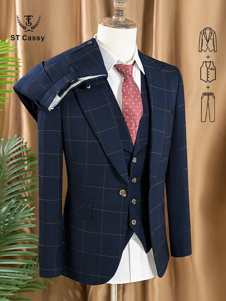 Mens Formal - 高品質3ピースチェック柄スーツセット ダークブルー スタイリッシュ ビジネス オフィス 結婚式