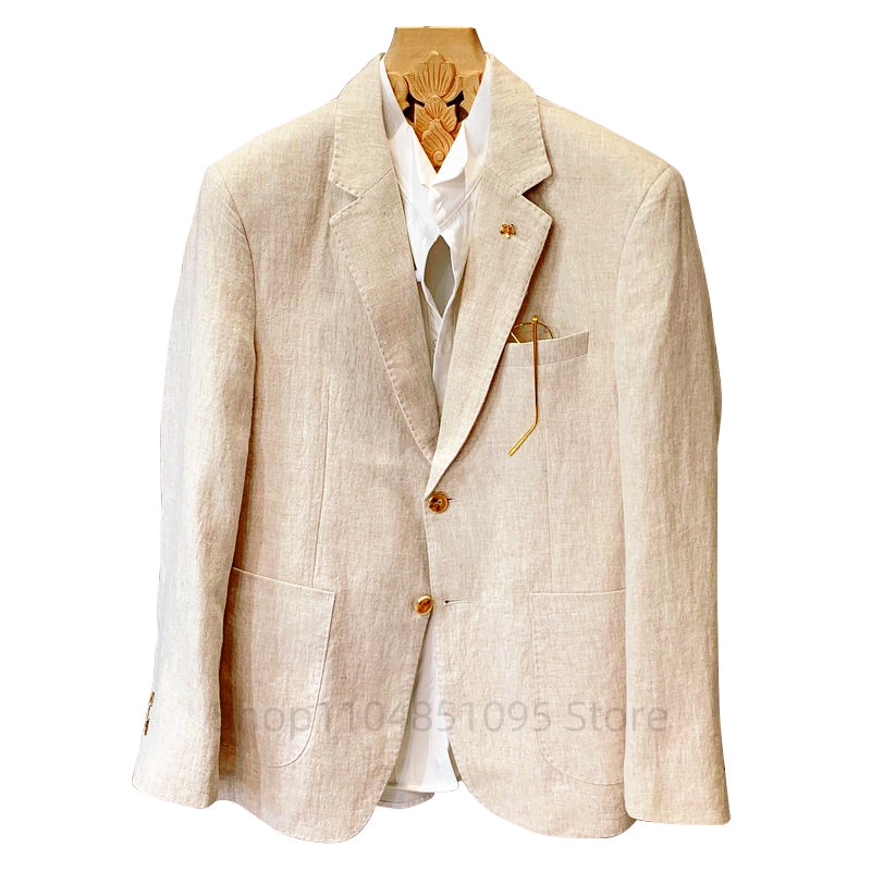Men Linen Formal Wear - ベージュ男性スーツリネンブレザージャケットビジネスカジュアルスーツデザイナーコート新しい春夏フォーマルウェアスリムフィットブレザートップス