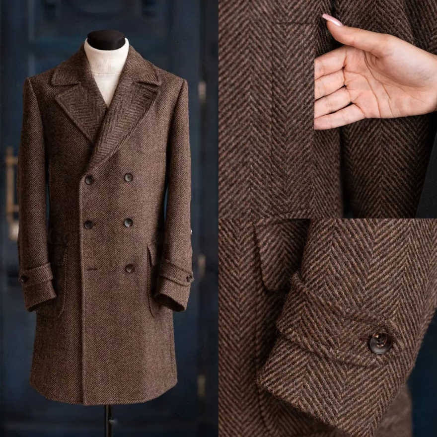 Men'S Formal Wear No Suit - モダンなデザインのヘリンボーン柄オーバーコート。1枚で着用可能。ダブルブレスト、冬用、暖かく、フォーマルなビジネスシーンや宴会、パーティーに最適。カスタムメイドも可能。