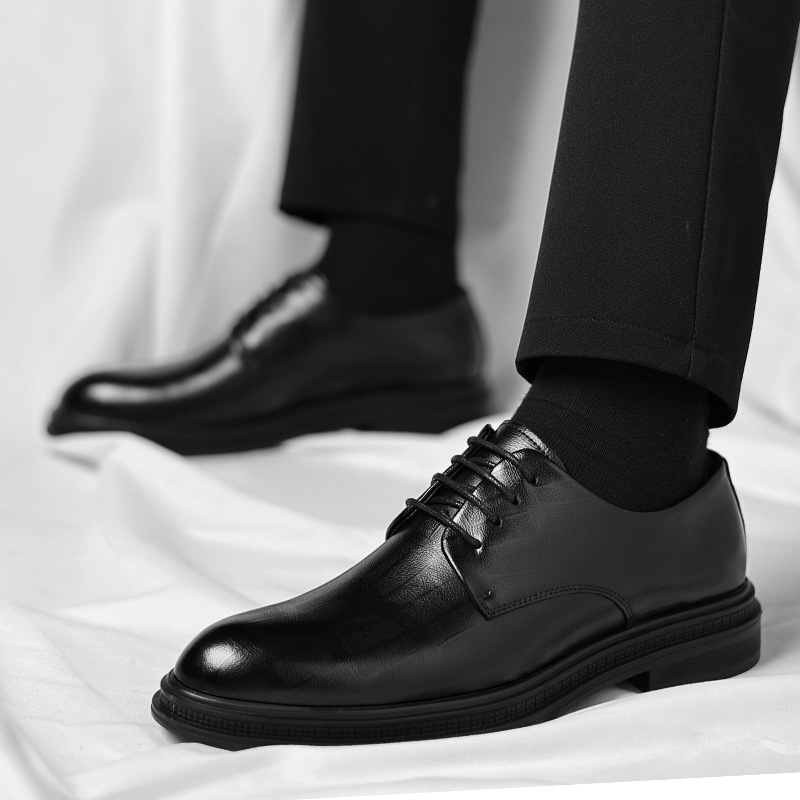 Men Formal Wear All Black - メンズブラックテクスチャードレザーポインテッドトゥレースアップダービーシューズ厚底フォーマルビジネスオフィスワークデイリーウェアシューズ