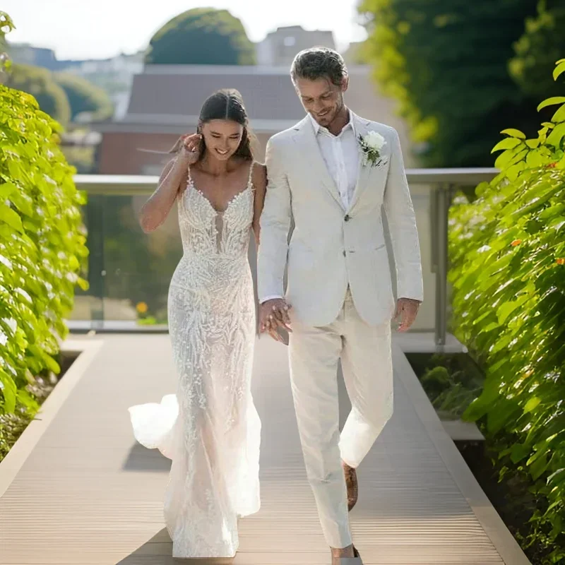 Men Linen Formal Wear - メンズスリムフィットフォーマルウェディングタキシード、パンツ付き新郎用ジャケット、サマービーチスーツ、リネン、2個