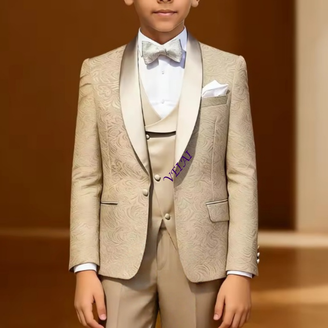 Mens Formal - 男の子用3ピースフォーマルジャカードスーツ – シャンパン色のショールラペルブレザー、ベスト、パンツ（ページボーイや結婚式用）