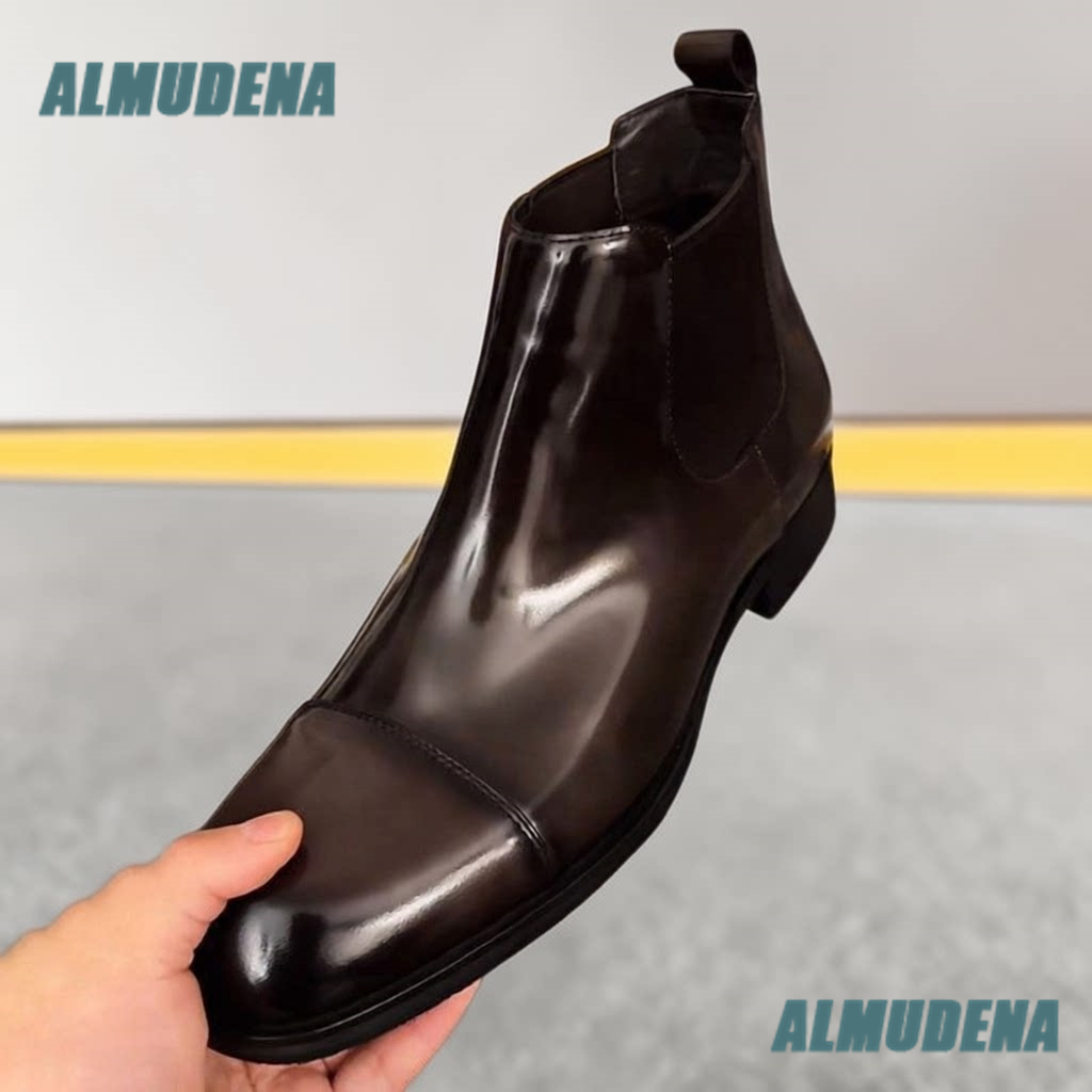 Men'S Formal Style - メンズ ブラウン ポリッシュレザー チェルシーブーツ スリッポン エラスティックサイド