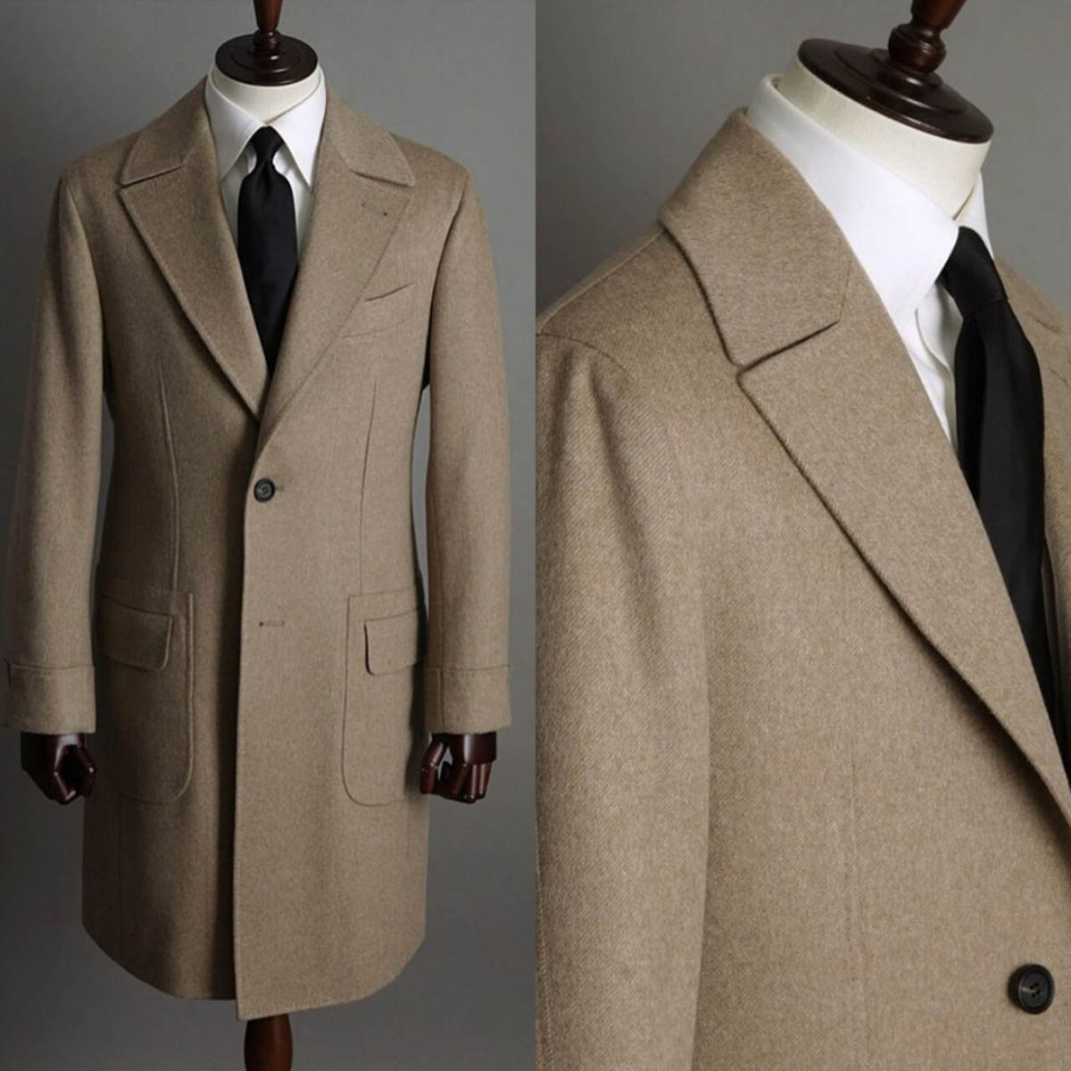 Men'S Vintage Formal Wear - カーキ色のヴィンテージ風メンズコート。フォーマルなビジネスシーンや、新郎の衣装として最適なツイード素材のピークドラペルジャケット。オーダーメイド。