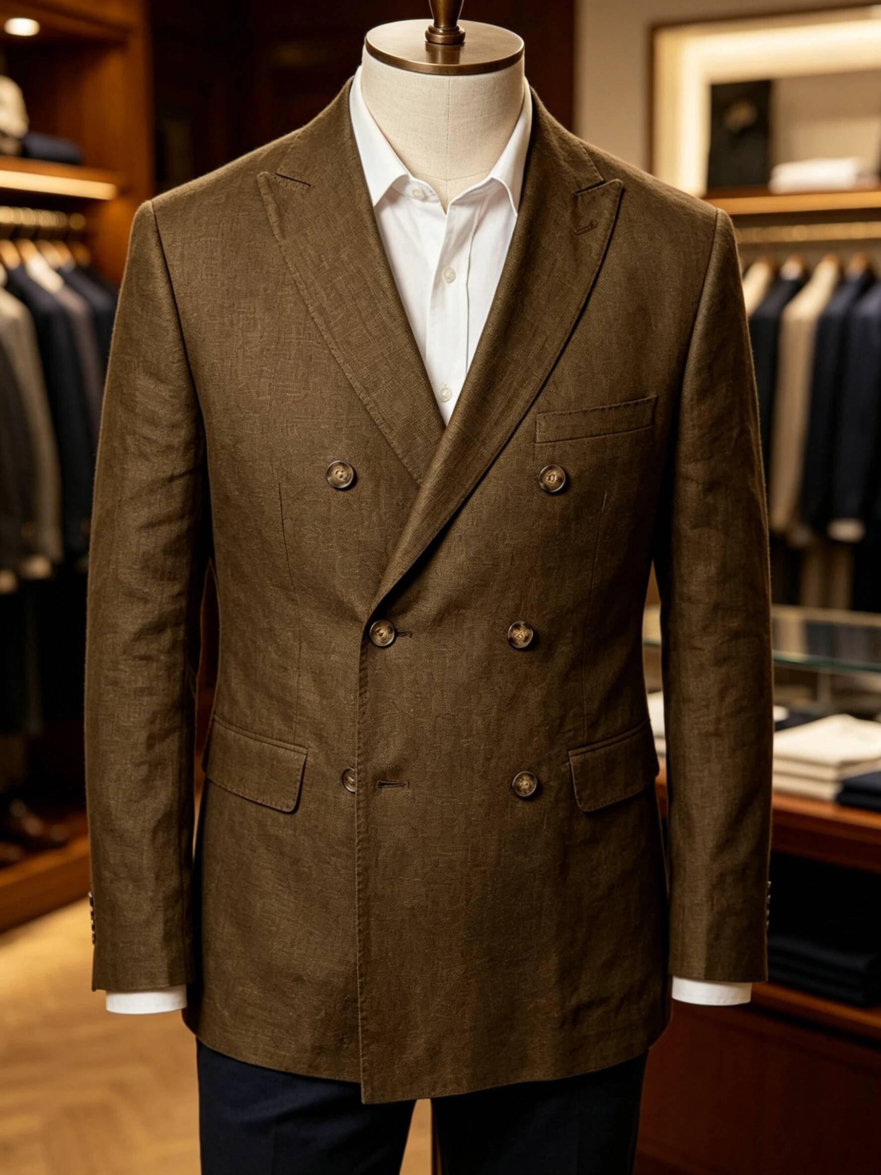 Men Linen Formal Wear - メンズスポーツコート サマー ダブルブレスト リネンブレザージャケット スリムフィット ブラウン