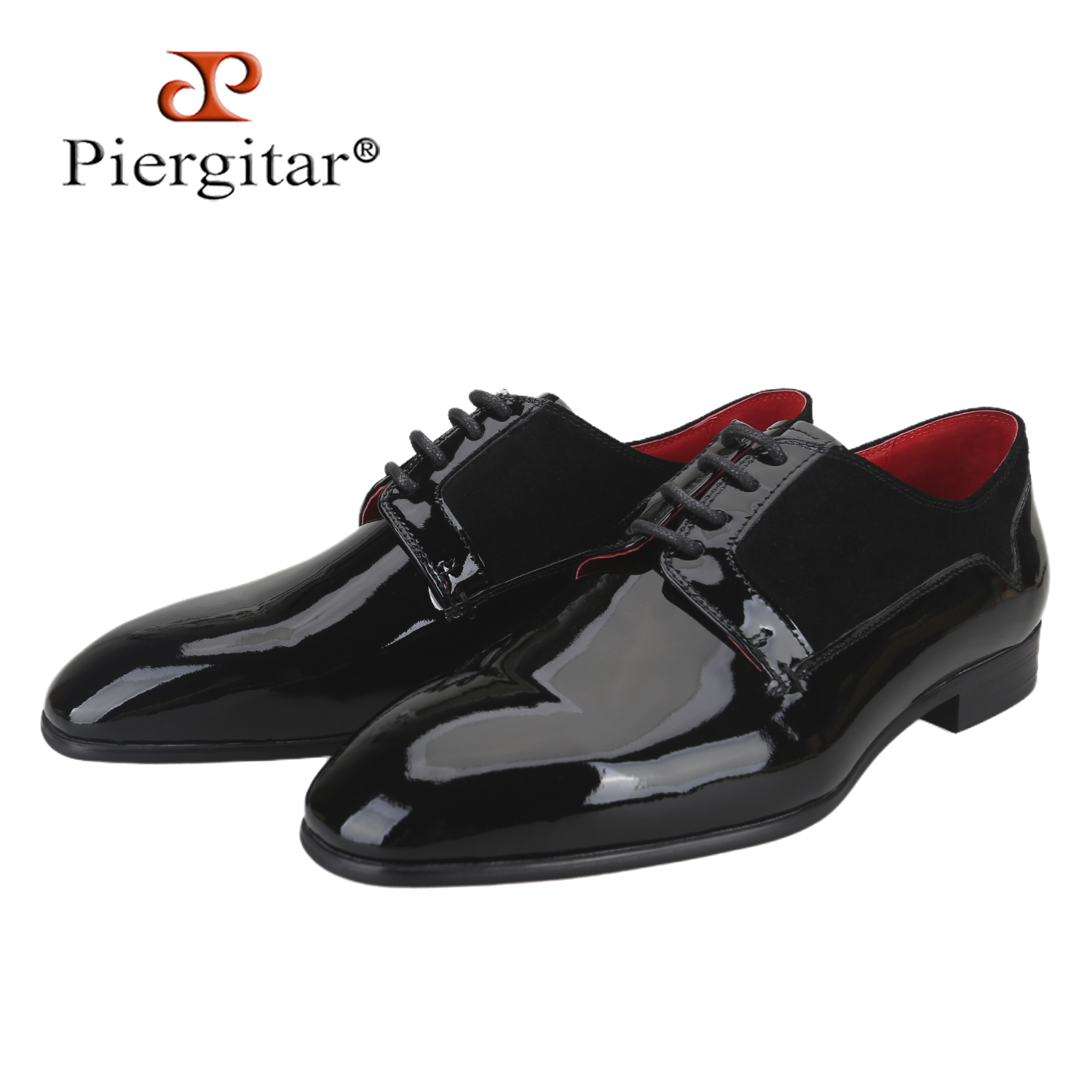 Men'S Formal Party Wear Shoes - ピエルギタール イタリアの高級ブランド ブラックパテントレザー パッチワークスエード オックスフォード フォーマルシーン用