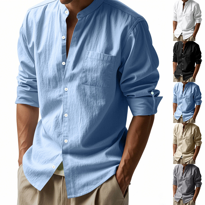 Men Linen Formal Wear - メンズリネンスタンドカラーシャツファッション長袖トップスルーズカジュアルビジネスフォーマルウェアスリムパッチポケットカーディガンシャツ
