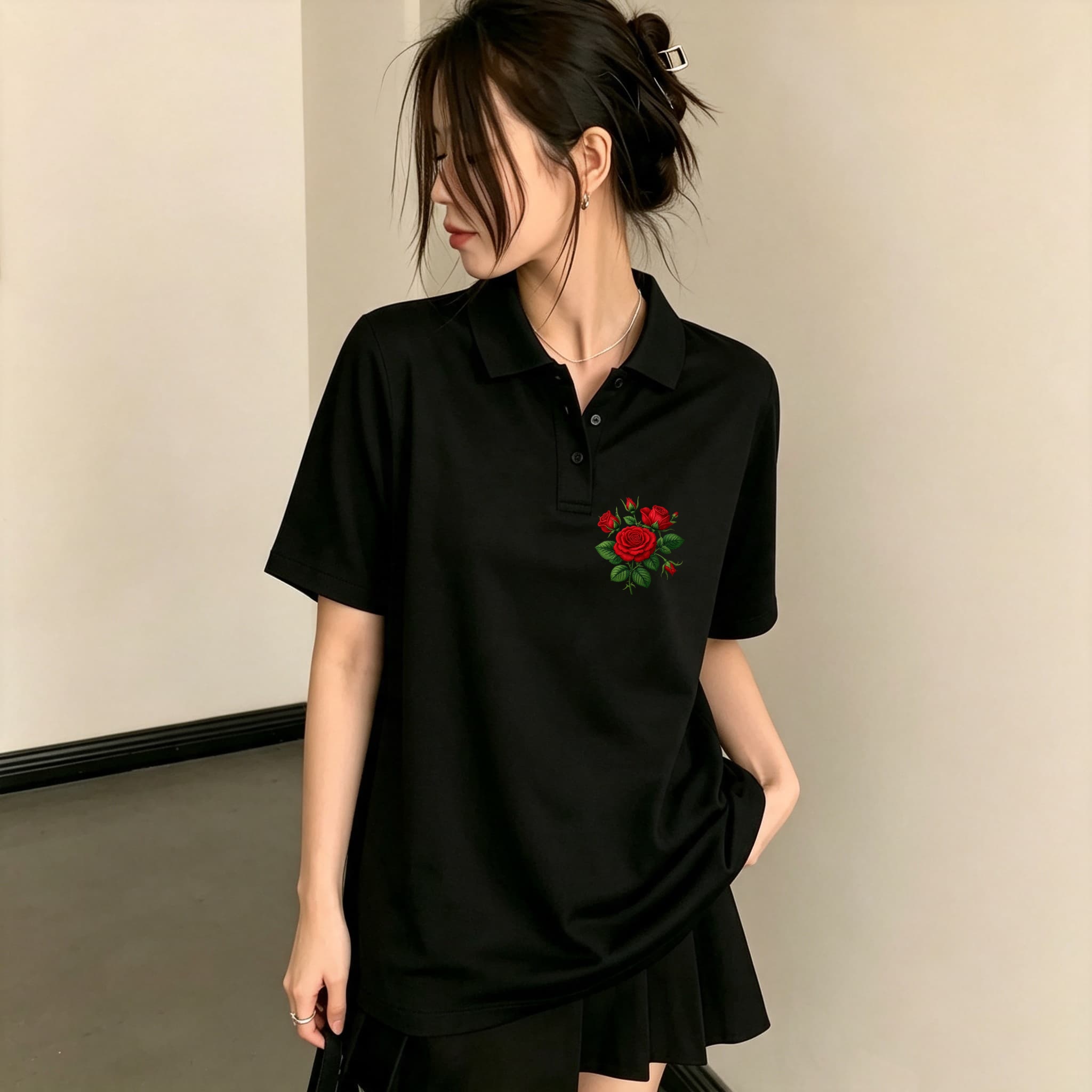 Men Formal Wear All Black - 万能カジュアルブラックポロブラウス（女の子用）繊細な赤い花柄のバラ刺繍入り半袖ルーズで通気性のある普段着シンプルベーシックシャツ