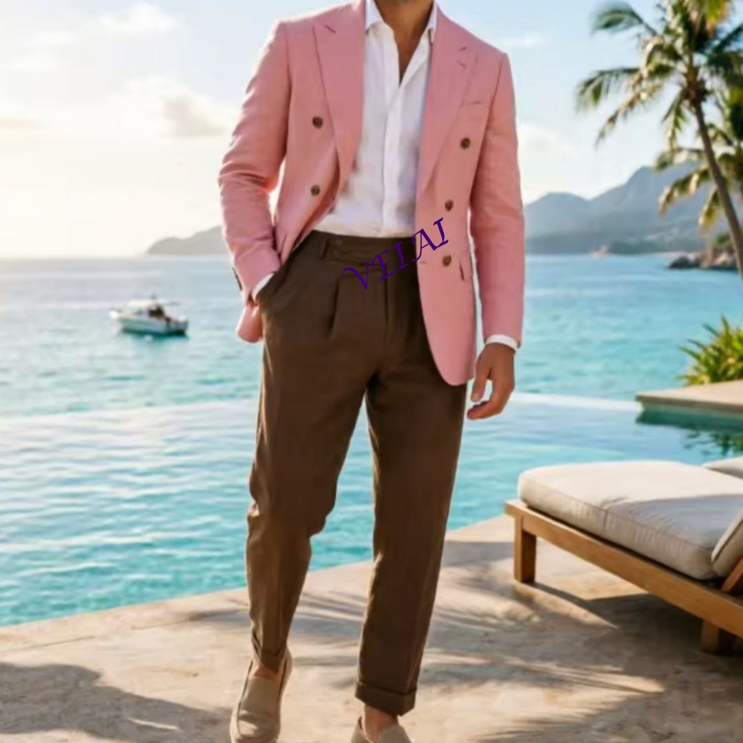 Men Linen Formal Wear - カスタムメイド2ピースベージュリネンメンズダブルスーツ エレガントな新郎衣装 無地 フォーマルイベント パーティー ホリデーウェア
