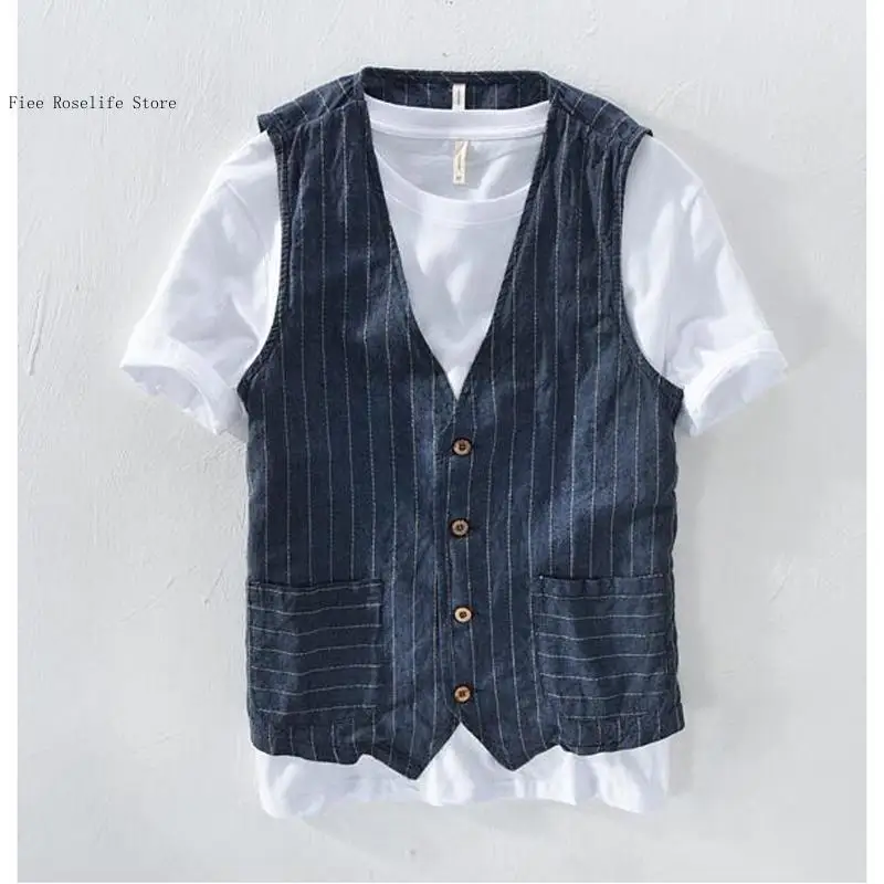 英国風カジュアルリネンベスト メンズ スリムフィット ビジネ - Men Linen Formal Wear のレビューと価格