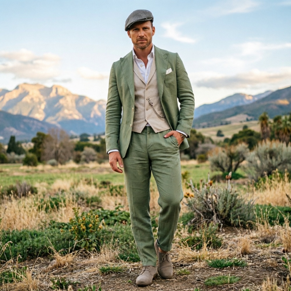 セージグリーンのリネンメンズ3ピーススーツ、通気性のあるスリ - Men Linen Formal Wear のレビューと価格