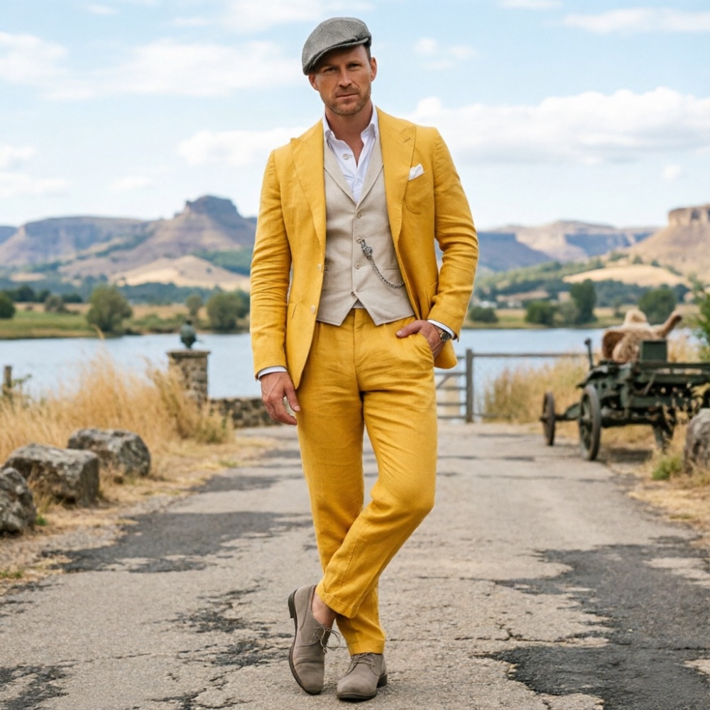 セージグリーンのリネンメンズ3ピーススーツ、通気性のあるスリ - Men Linen Formal Wear のレビューと価格