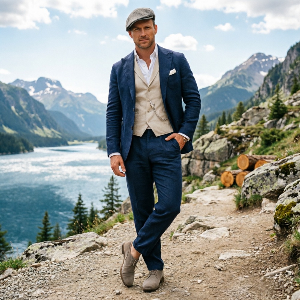 セージグリーンのリネンメンズ3ピーススーツ、通気性のあるスリ - Men Linen Formal Wear のレビューと価格