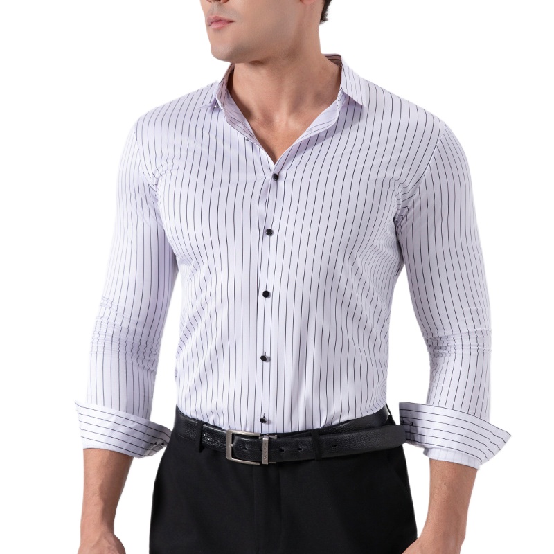 レトロストライプ柄しわ防止ストレッチドレスシャツ メンズ 2 - Mens Formal のレビューと価格