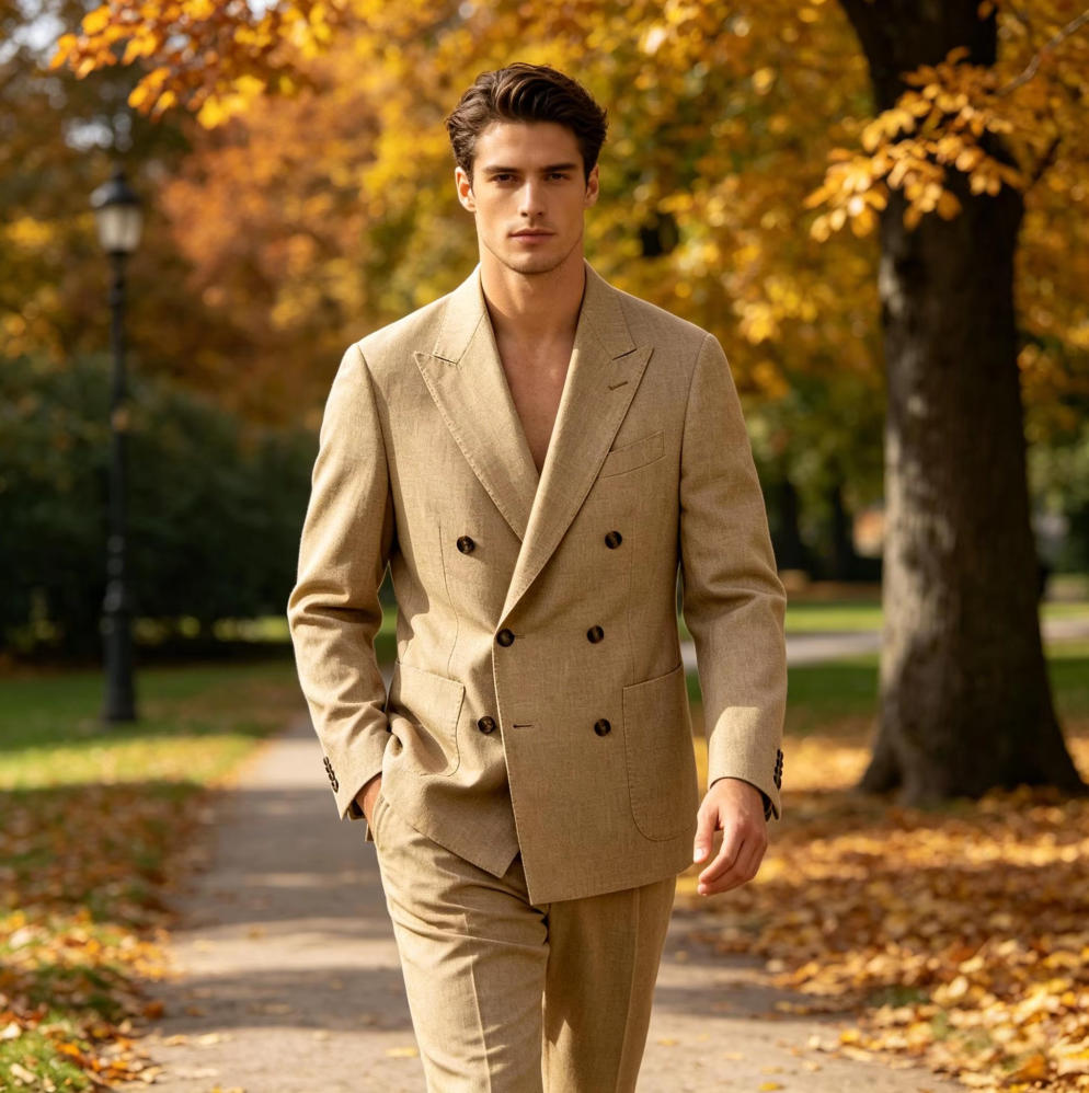 メンズリネンブレザー1枚 ダブルブレスト パッチポケット付き - Men Linen Formal Wear のレビューと価格