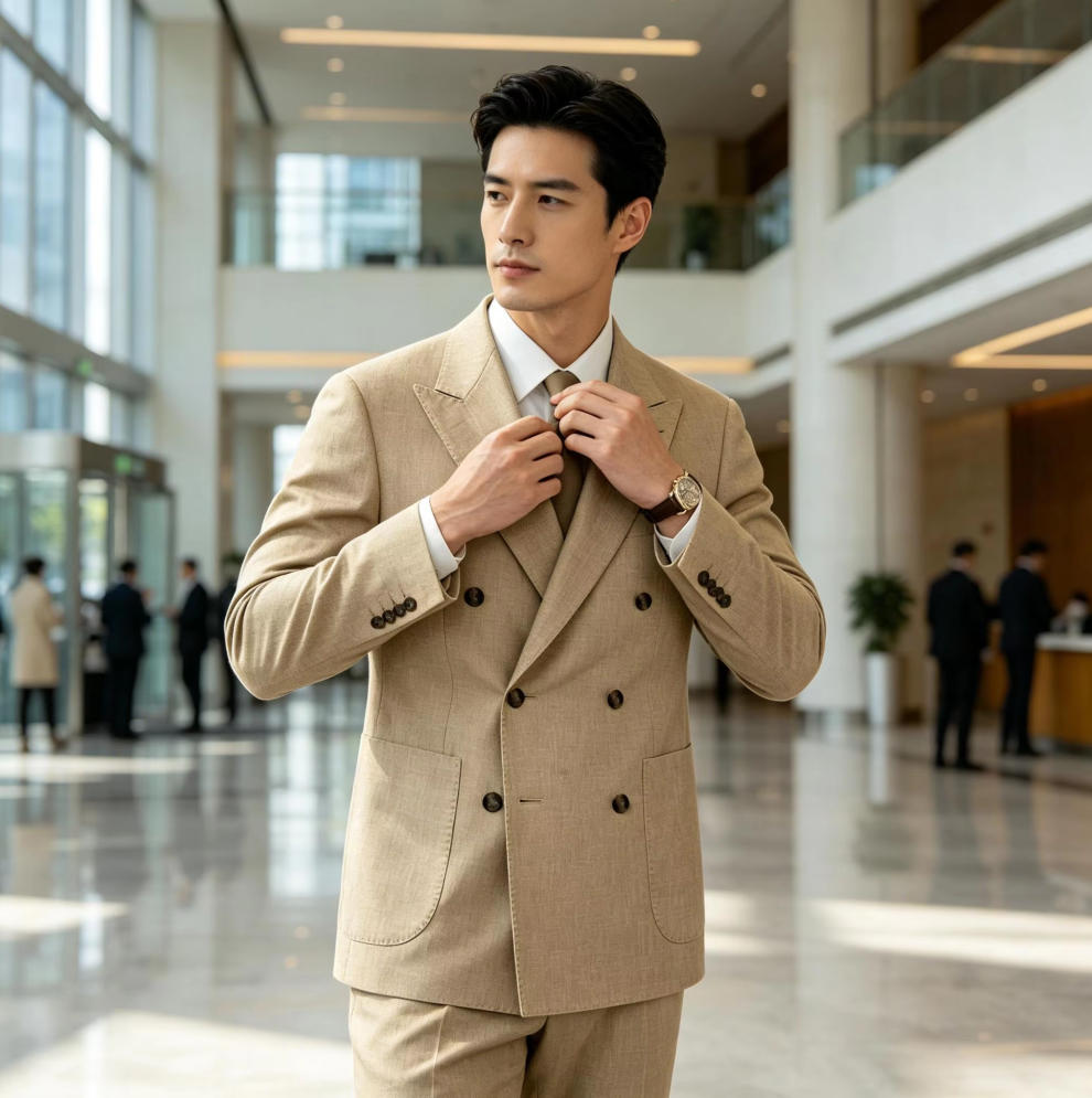 メンズリネンブレザー1枚 ダブルブレスト パッチポケット付き - Men Linen Formal Wear のレビューと価格