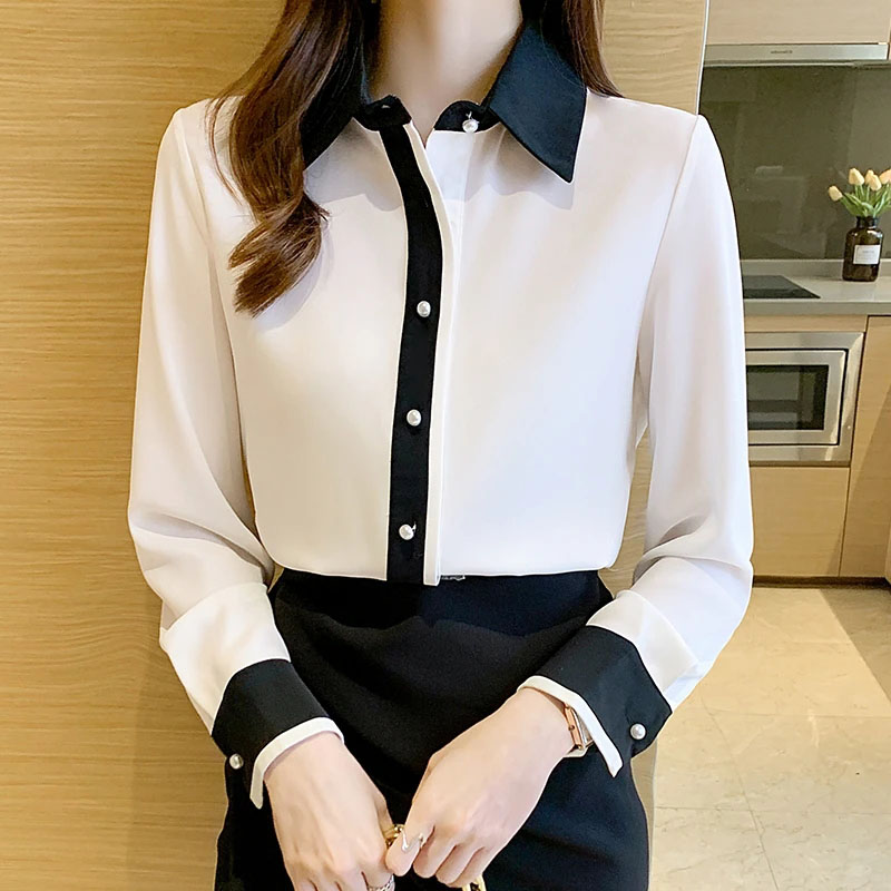 女性用ホワイトシフォンシャツ韓国シックなシングルブレストコン - Men'S Formal Style のレビューと価格