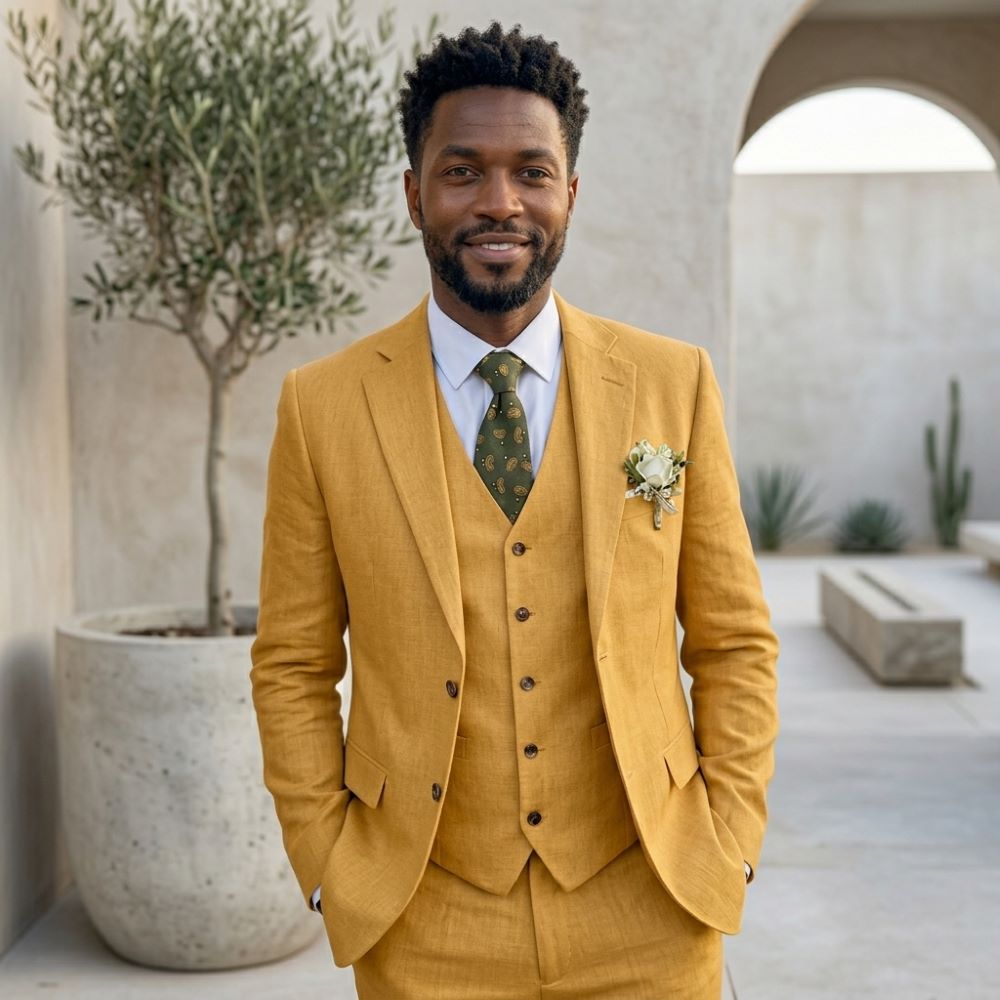 リネンメンズスーツ ノッチドラペル 夏用 グルームズマン ウ - Men Linen Formal Wear のレビューと価格