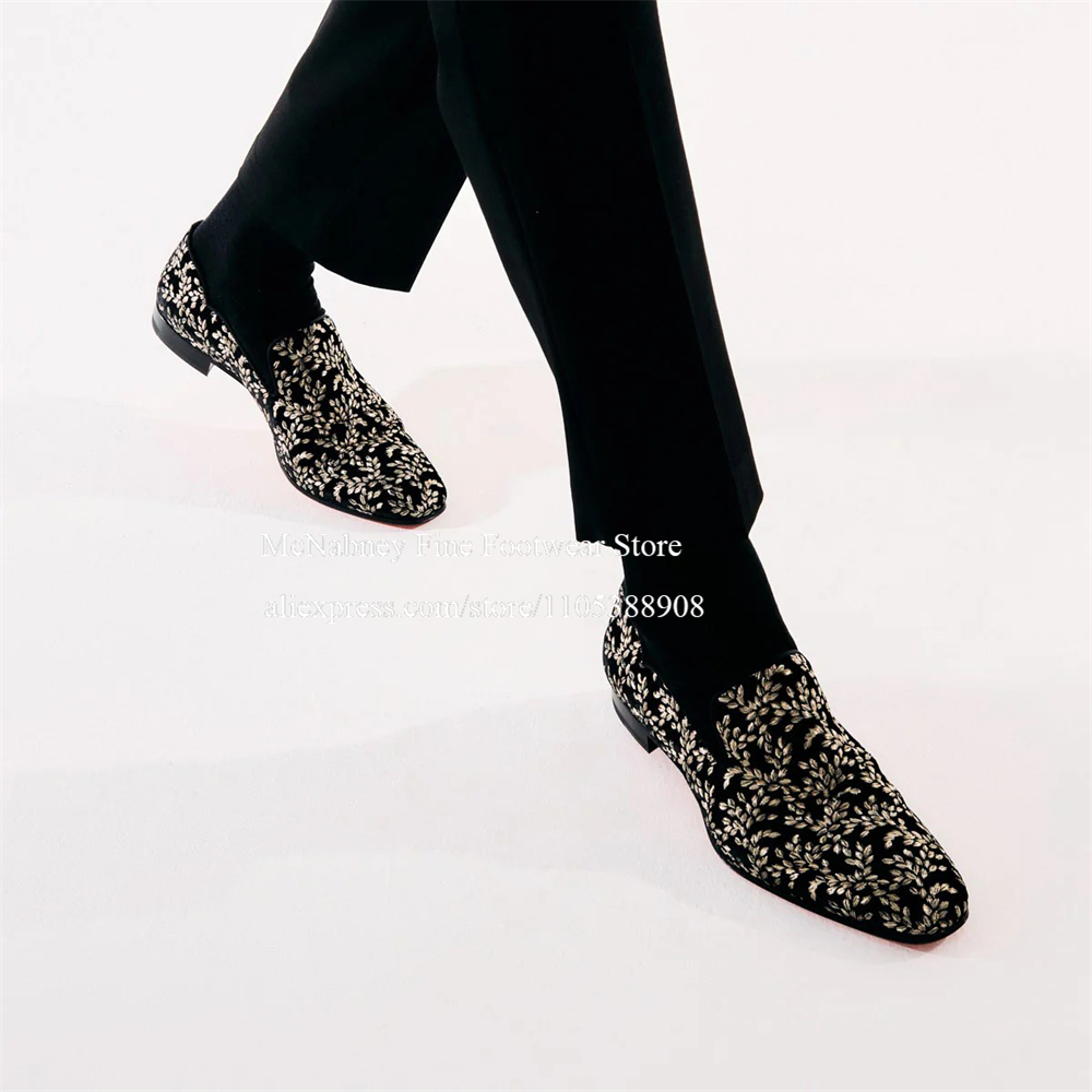 黒のシルクベルベットスリッポンローファー男性用リーフ刺繍マン - Men'S Formal Party Wear Shoes のレビューと価格