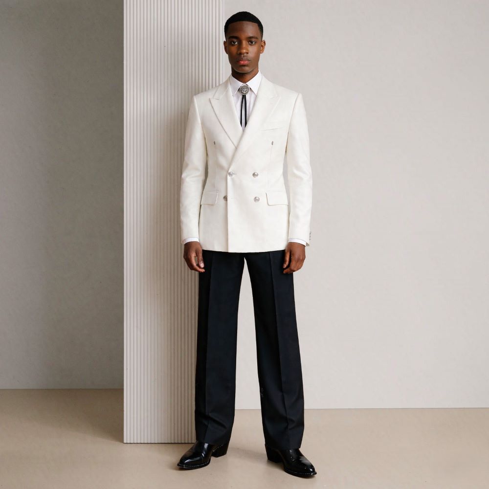 メンズ2ピースリラックススリムスーツ、ダブルブレスト、丸ボタ - Men Linen Formal Wear のレビューと価格