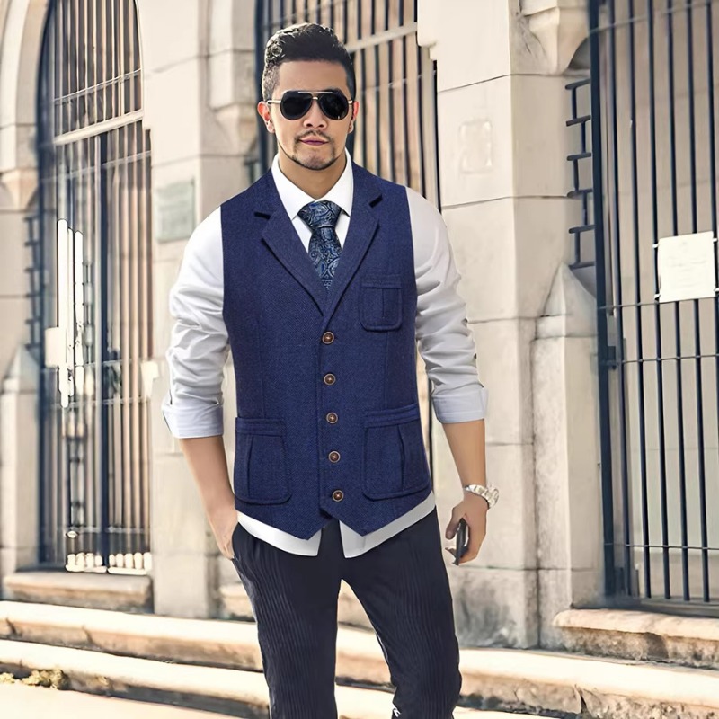 メンズヘリンボーンツイードスーツベストノッチドラペルシングル - Men'S Vintage Formal Wear のレビューと価格