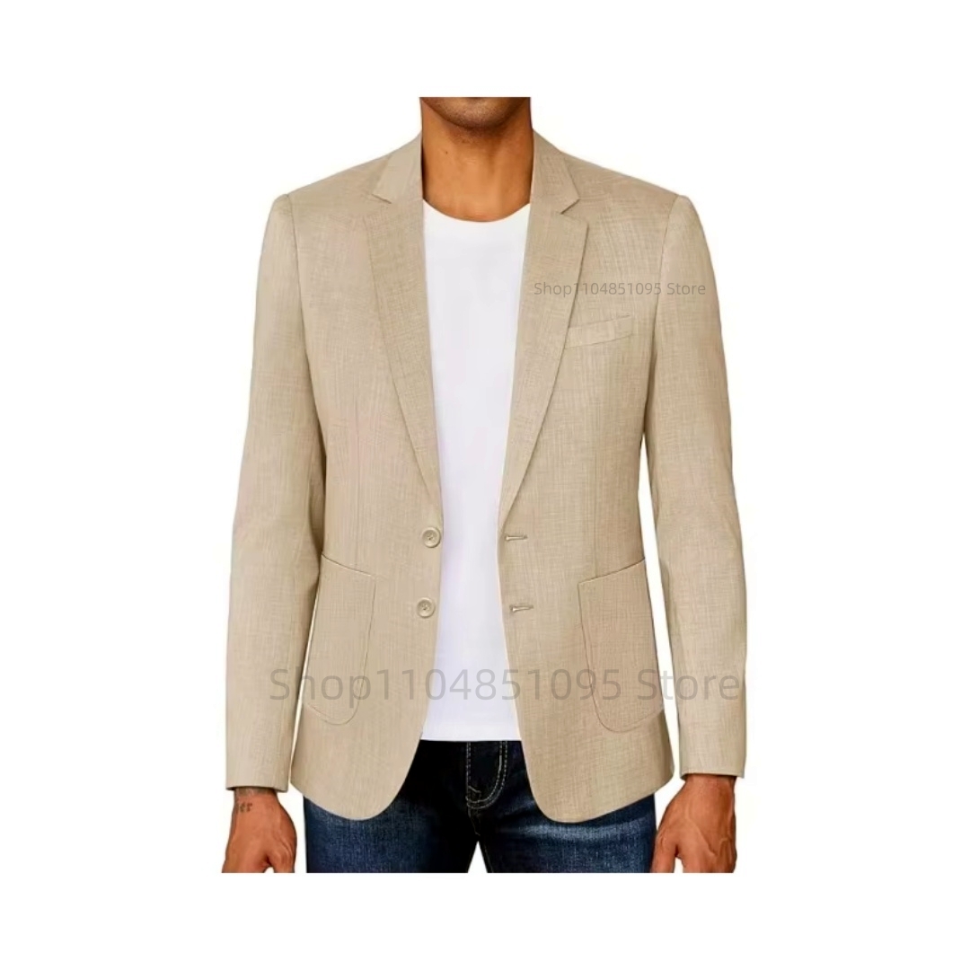 スリムフィットメンズベージュ/ブルーリネンブレザーカジュアル - Men Linen Formal Wear のレビューと価格