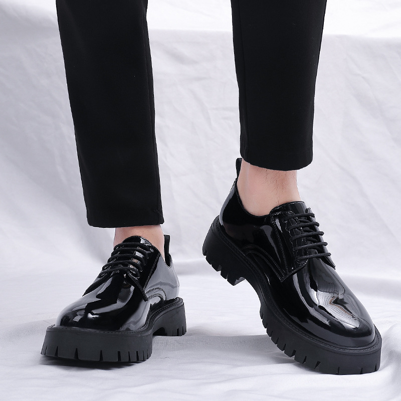 メンズブラックパテントレザーレースアップチャンキープラットフ - Men Formal Wear All Black のレビューと価格