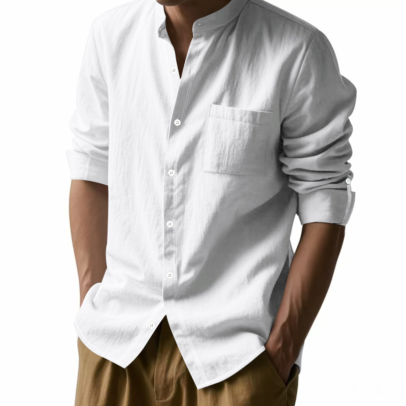 メンズリネンスタンドカラーシャツファッション長袖トップスルー - Men Linen Formal Wear のレビューと価格