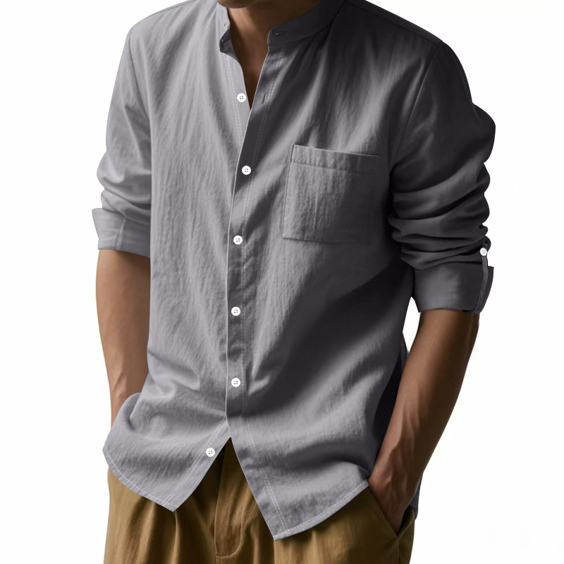 メンズリネンスタンドカラーシャツファッション長袖トップスルー - Men Linen Formal Wear のレビューと価格