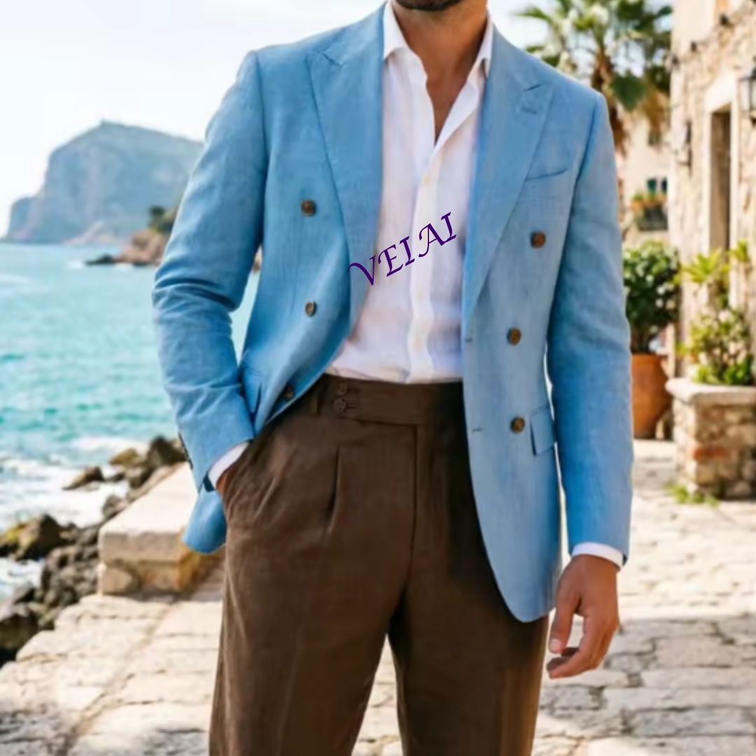 カスタムメイド2ピースベージュリネンメンズダブルスーツ エレ - Men Linen Formal Wear のレビューと価格